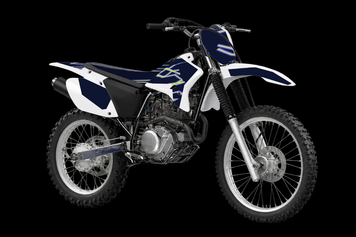 Lightning style dirt bike graphics kit on a Yamaha TT-R230