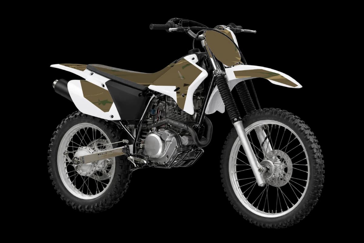 Woodland camo style dirt bike graphics kit on a Yamaha TT-R230