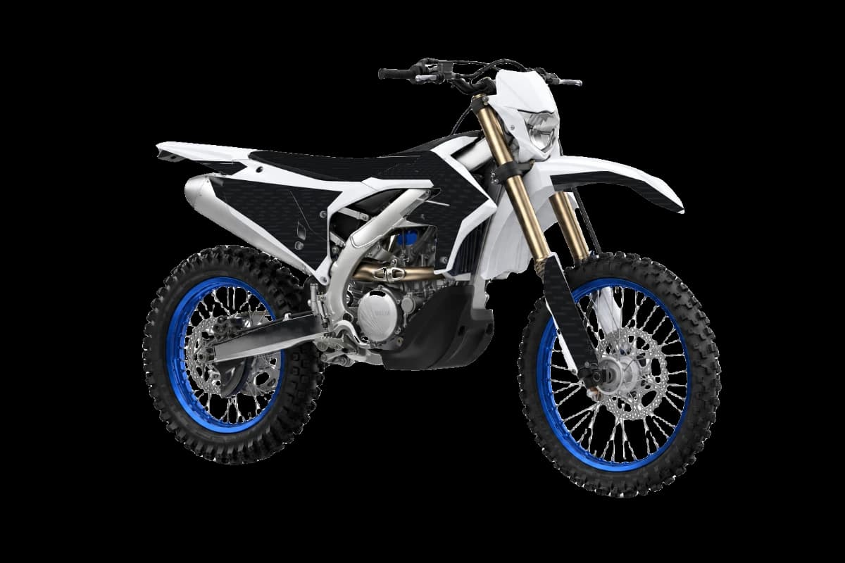 Carbon fiber style dirt bike graphics kit on a Yamaha WR250F