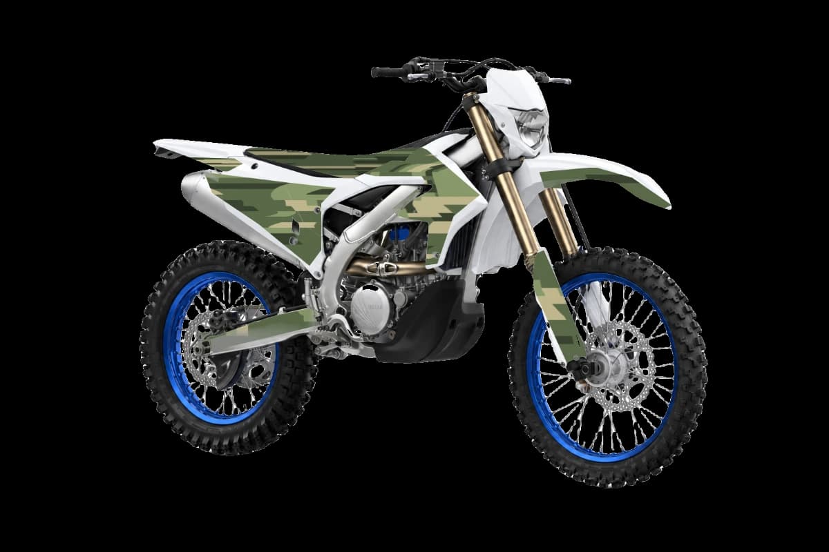 Digital camo style dirt bike graphics kit on a Yamaha WR250F