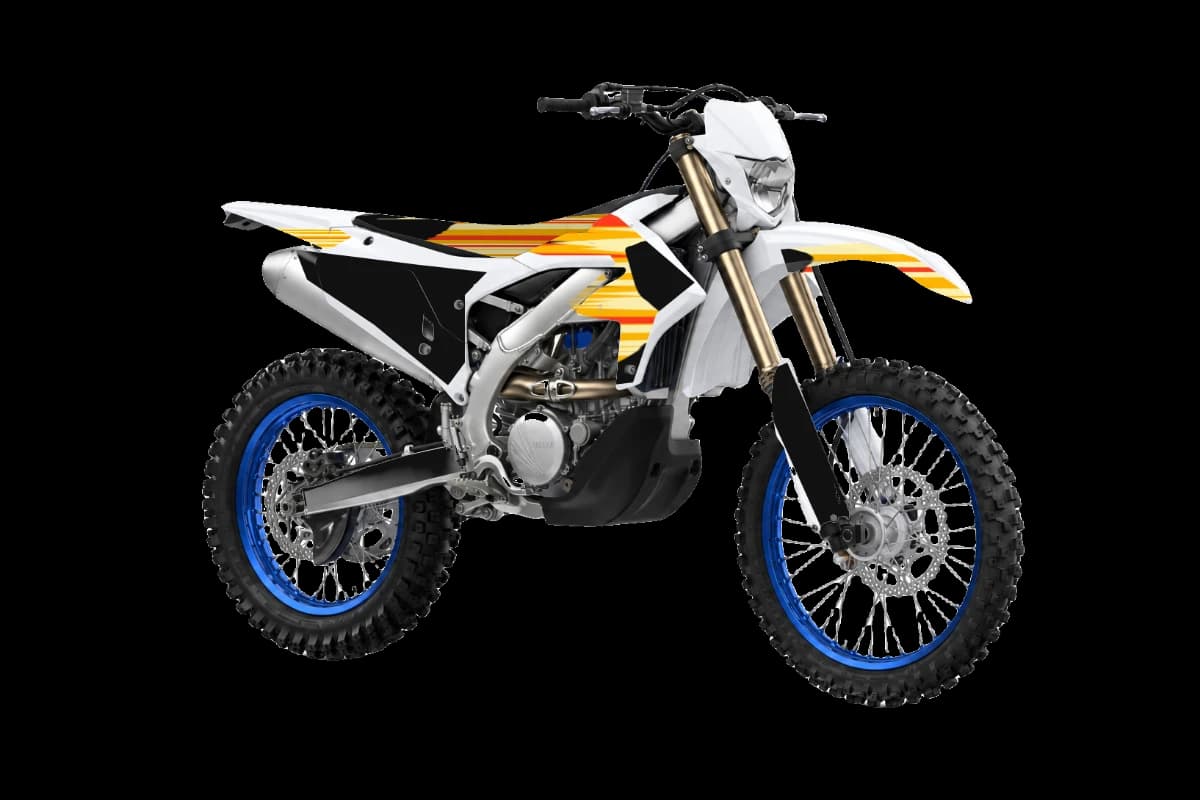 Flame style dirt bike graphics kit on a Yamaha WR250F