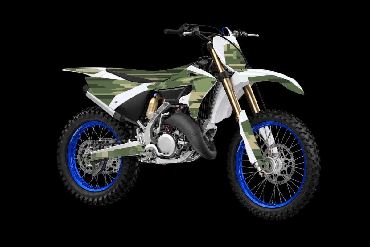 Digital camo style dirt bike graphics kit on a Yamaha YZ125X