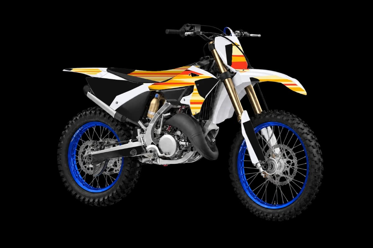 Flame style dirt bike graphics kit on a Yamaha YZ125X