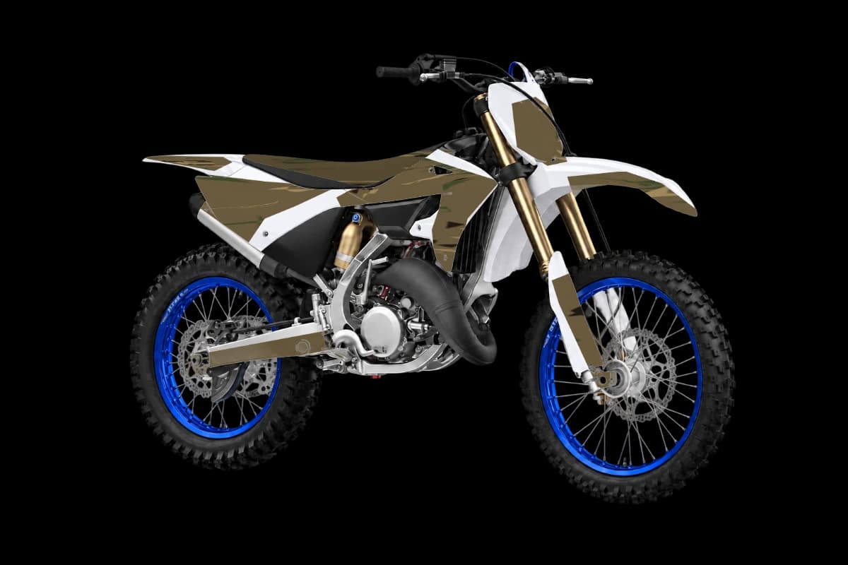 Woodland camo style dirt bike graphics kit on a Yamaha YZ125X
