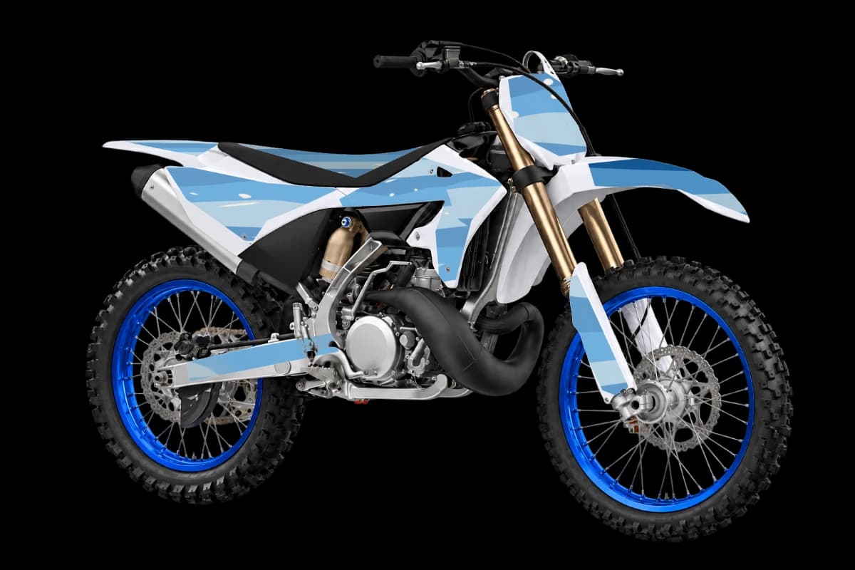 Wave style dirt bike graphics kit on a Yamaha YZ250
