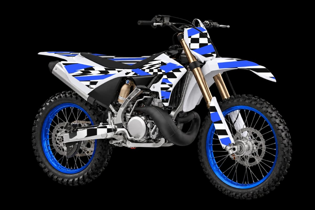 Checkered style dirt bike graphics kit on a Yamaha YZ250