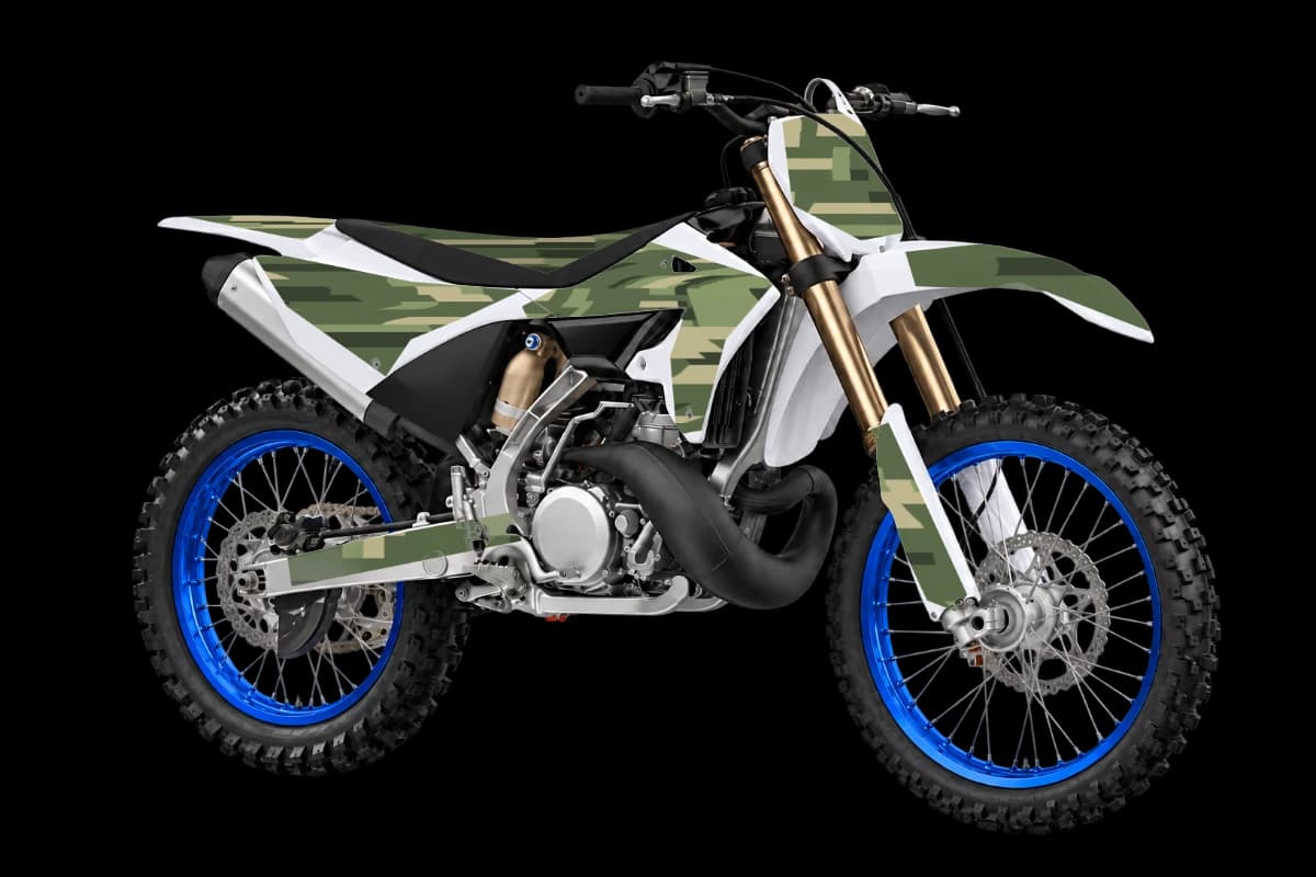 Digital camo style dirt bike graphics kit on a Yamaha YZ250