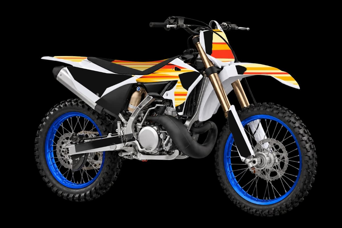 Flame style dirt bike graphics kit on a Yamaha YZ250