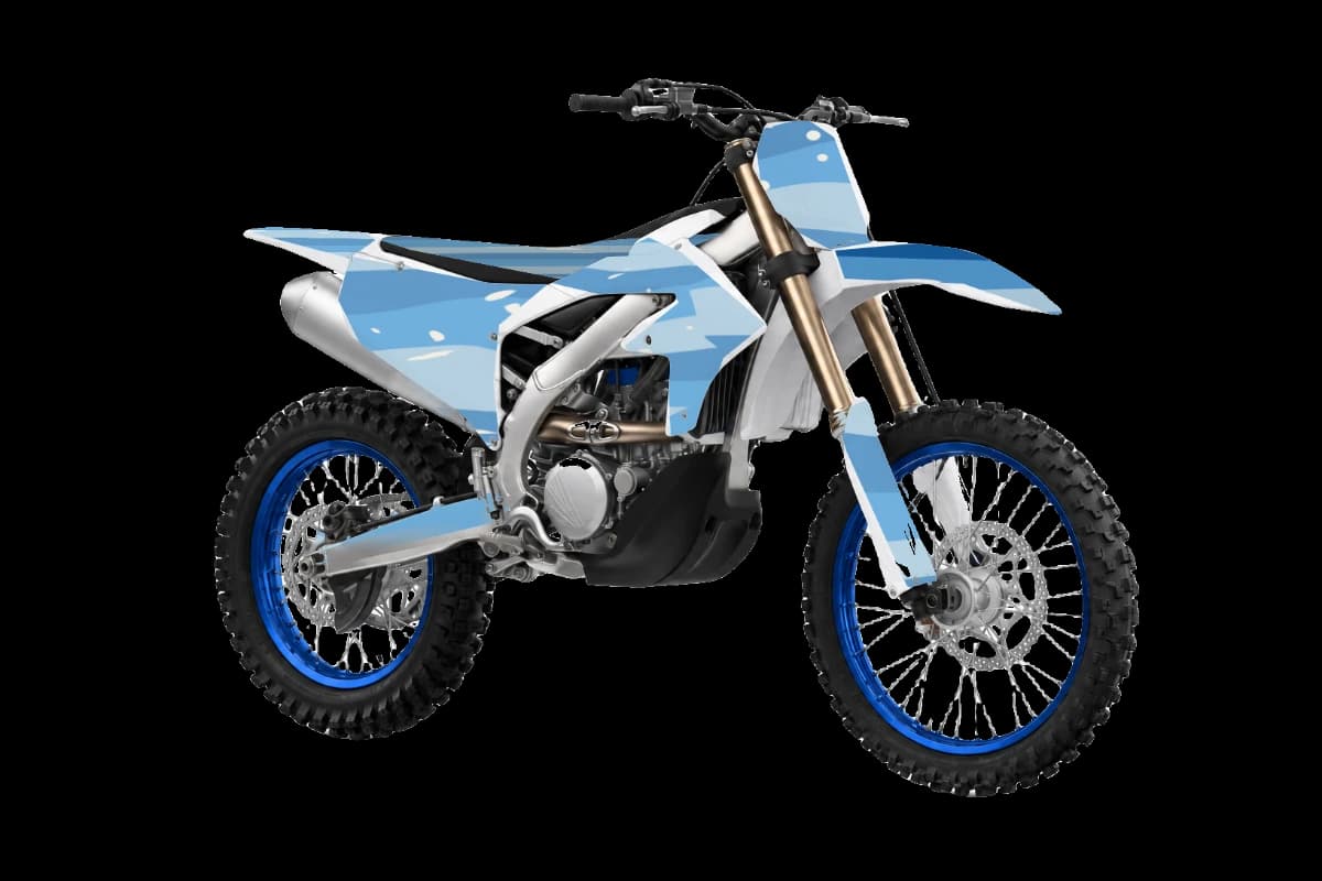 Wave style dirt bike graphics kit on a Yamaha YZ250FX