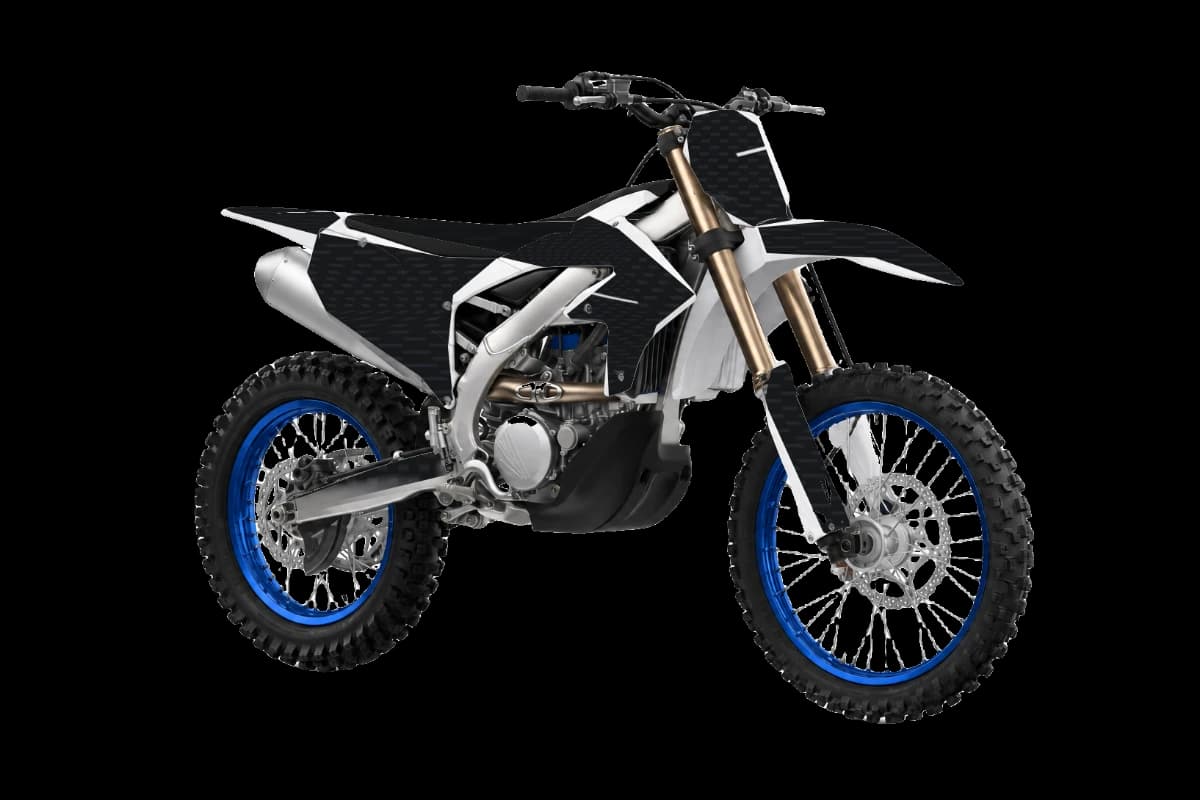 Carbon fiber style dirt bike graphics kit on a Yamaha YZ250FX