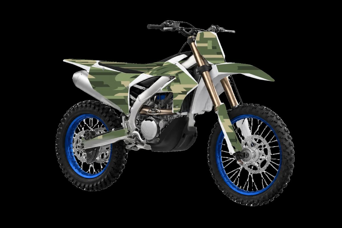 Digital camo style dirt bike graphics kit on a Yamaha YZ250FX