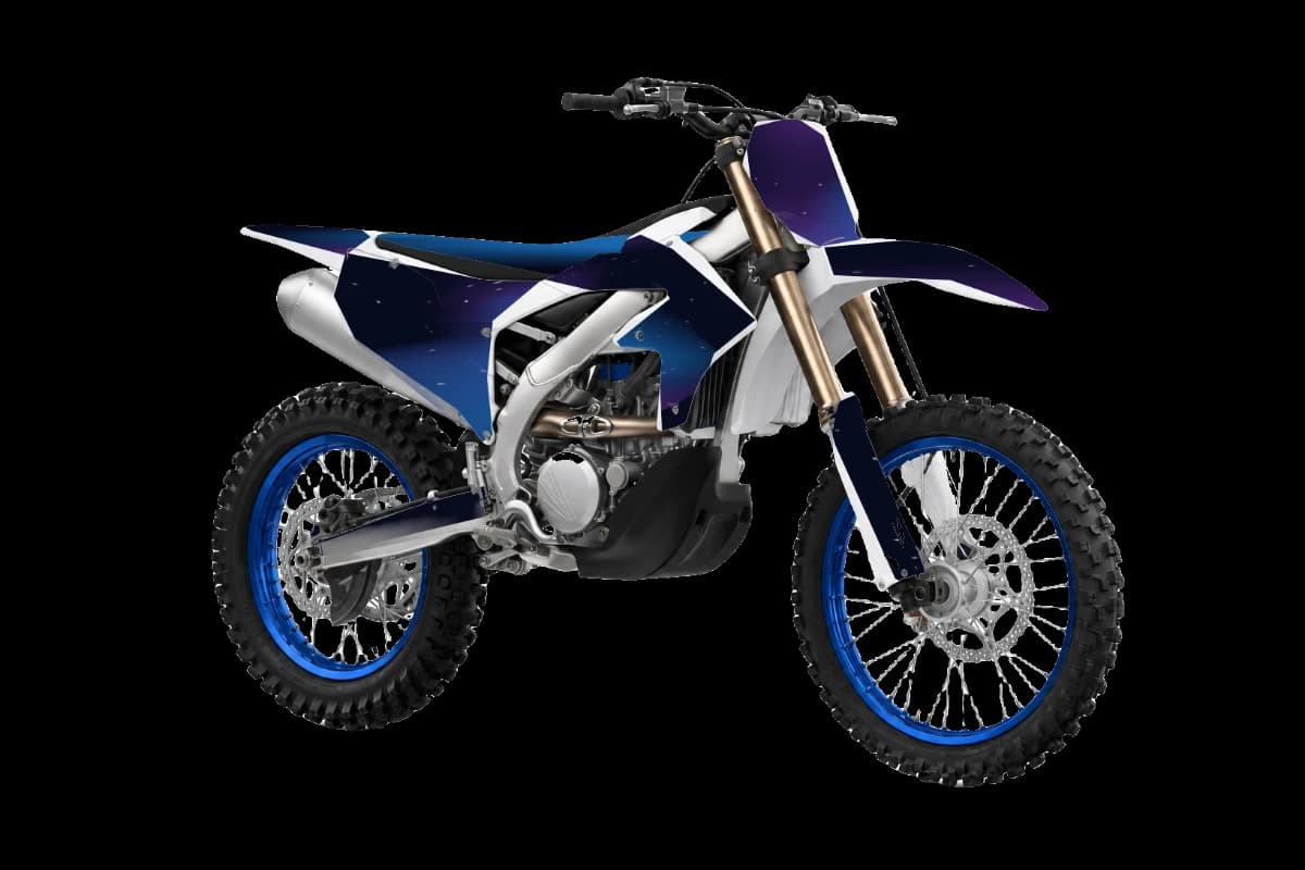 Galaxy style dirt bike graphics kit on a Yamaha YZ250FX