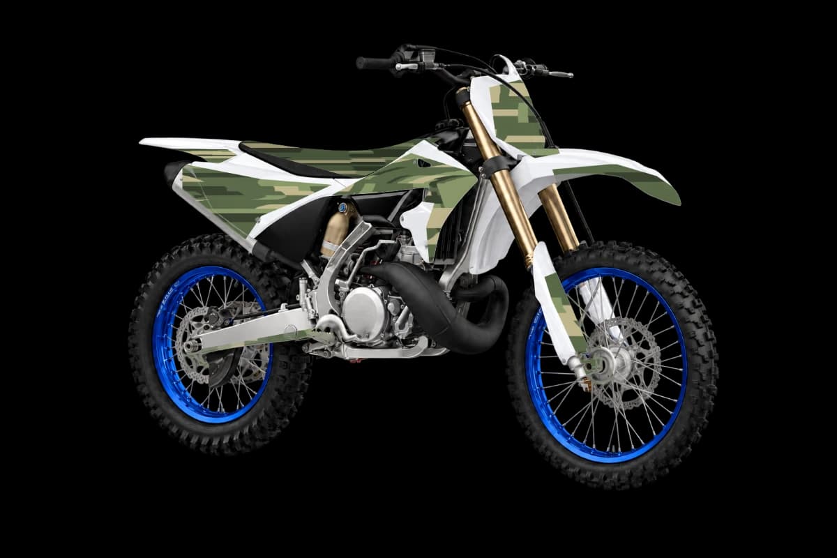 Digital camo style dirt bike graphics kit on a Yamaha YZ250X