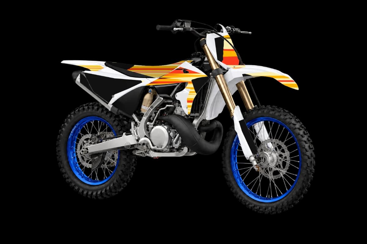 Flame style dirt bike graphics kit on a Yamaha YZ250X