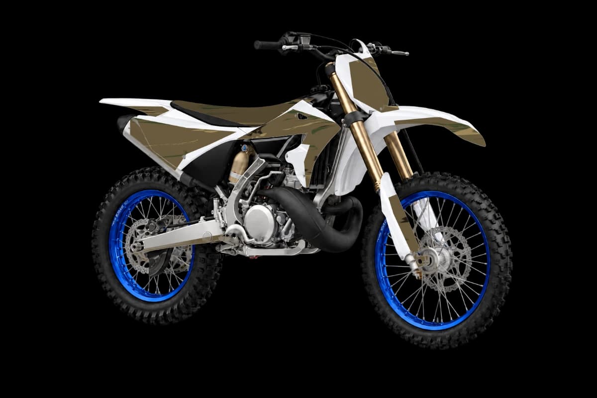 Woodland camo style dirt bike graphics kit on a Yamaha YZ250X