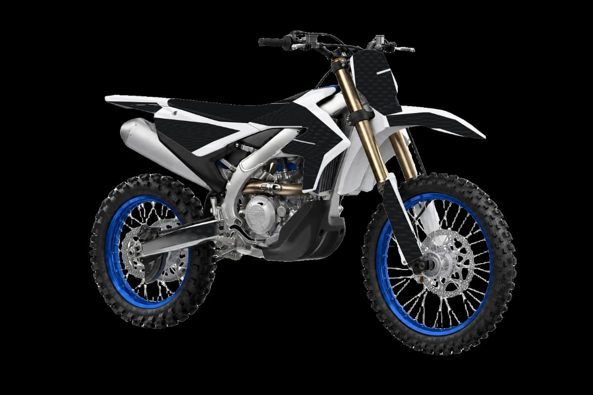 Carbon fiber style dirt bike graphics kit on a Yamaha YZ450FX