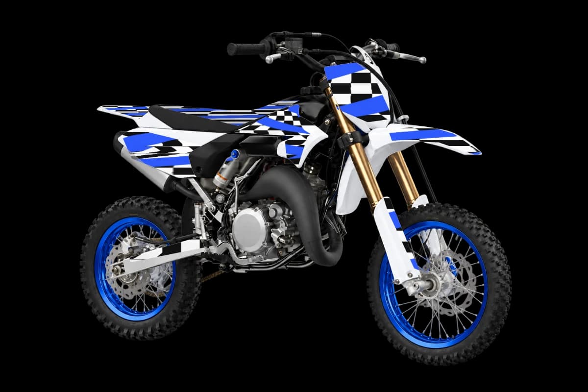 Checkered style dirt bike graphics kit on a Yamaha YZ65