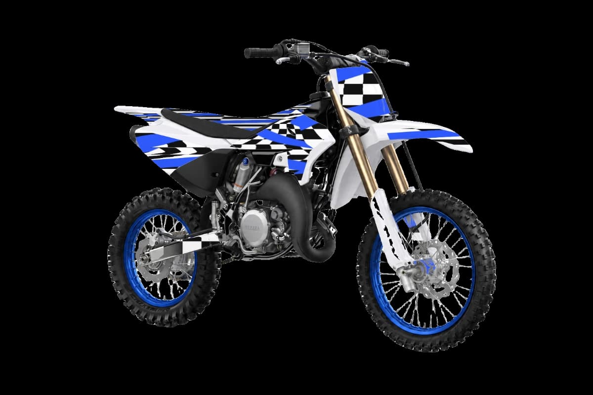 Checkered style dirt bike graphics kit on a Yamaha YZ85