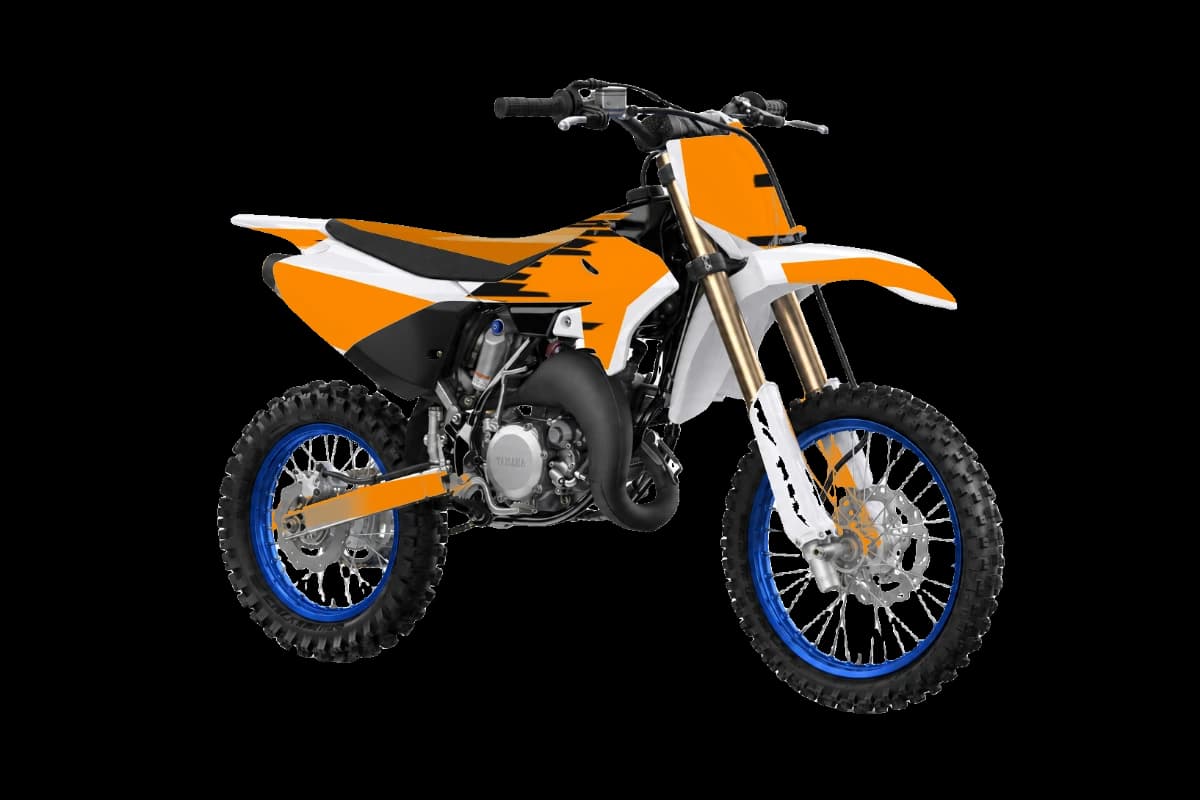 Tiger stripe style dirt bike graphics kit on a Yamaha YZ85