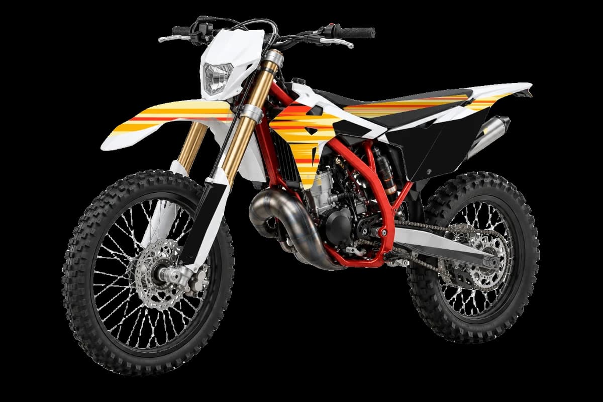 Flame style dirt bike graphics kit on a Beta RR 50 2T