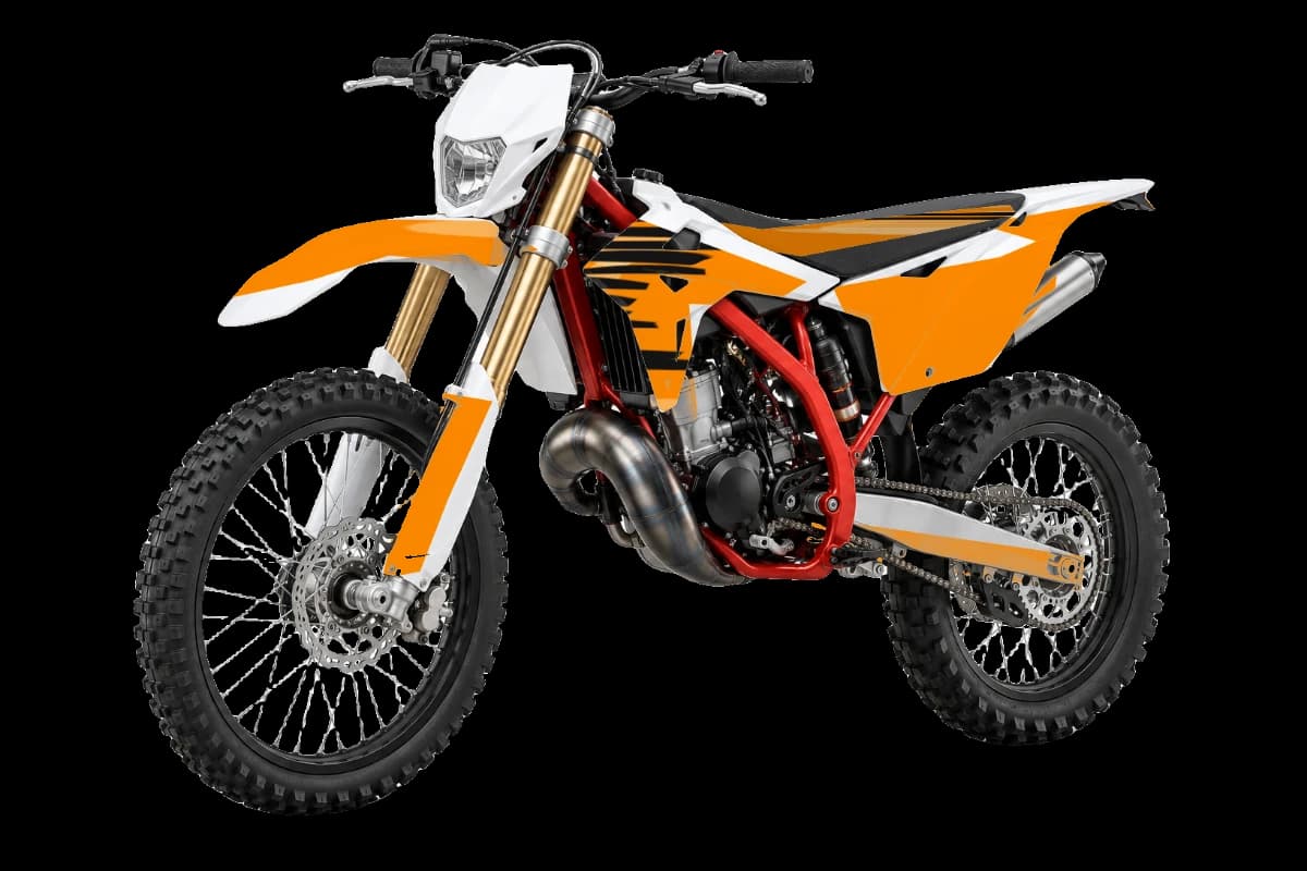 Tiger stripe style dirt bike graphics kit on a Beta RR 50 2T