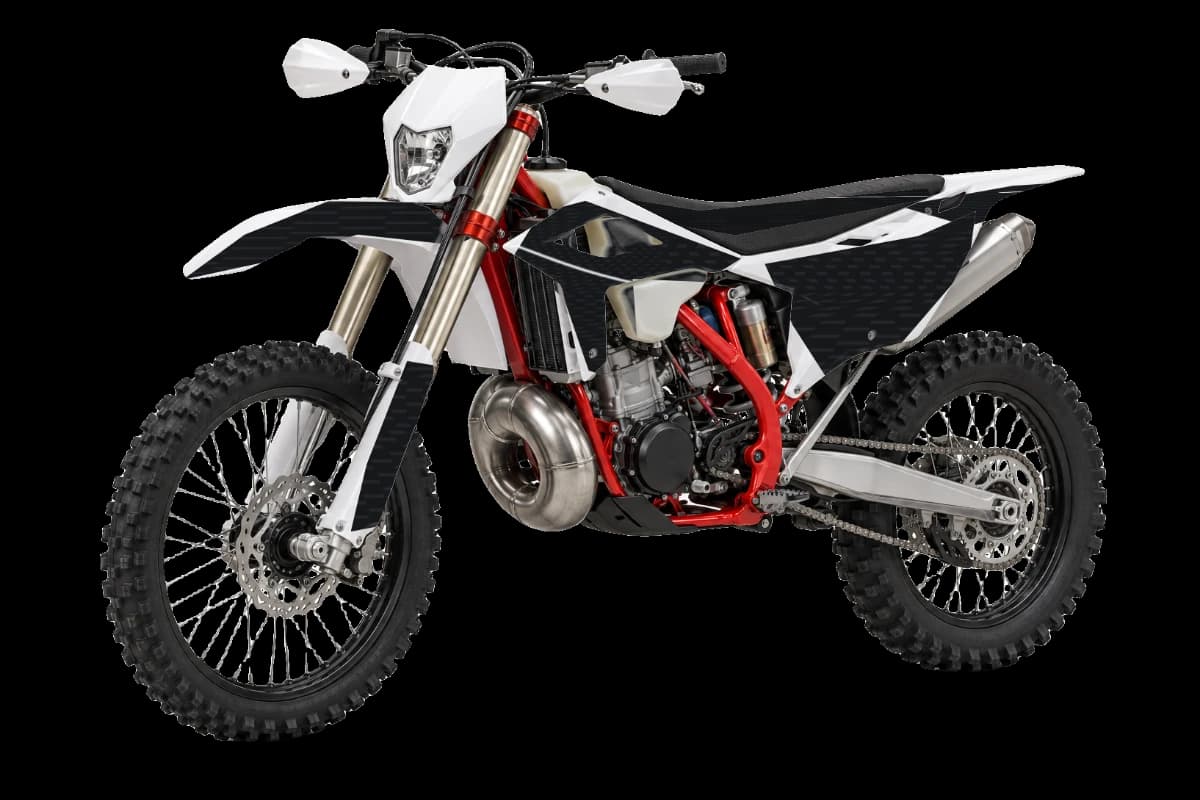 Carbon fiber style dirt bike graphics kit on a Beta RR X-PRO 250 2T