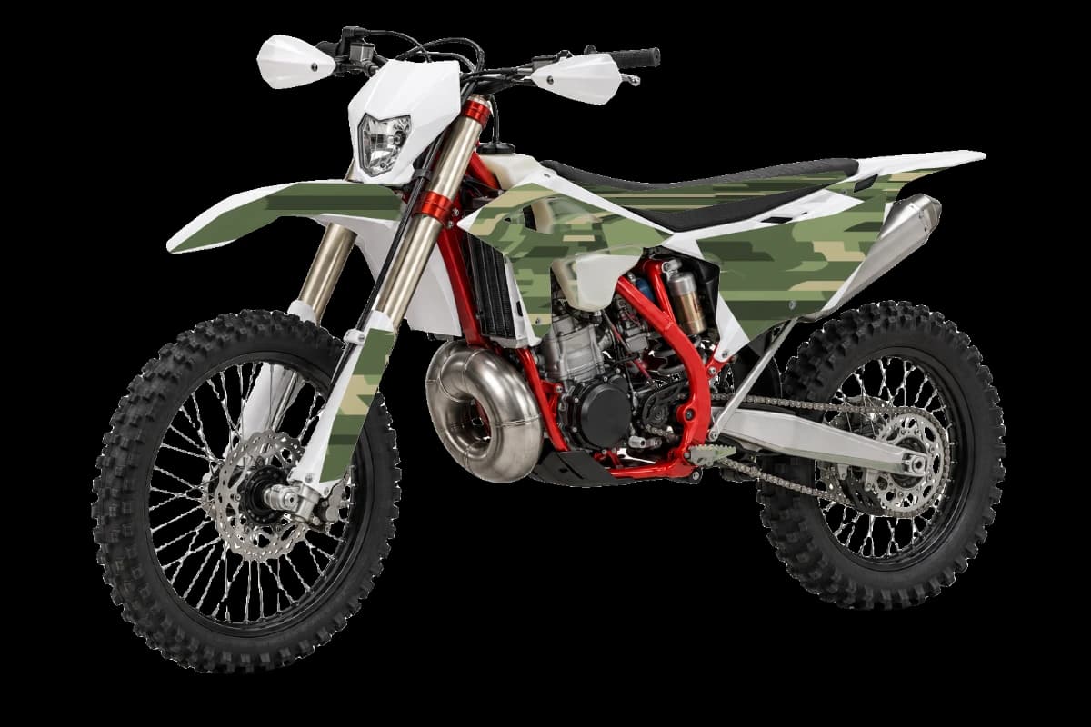 Digital camo style dirt bike graphics kit on a Beta RR X-PRO 250 2T