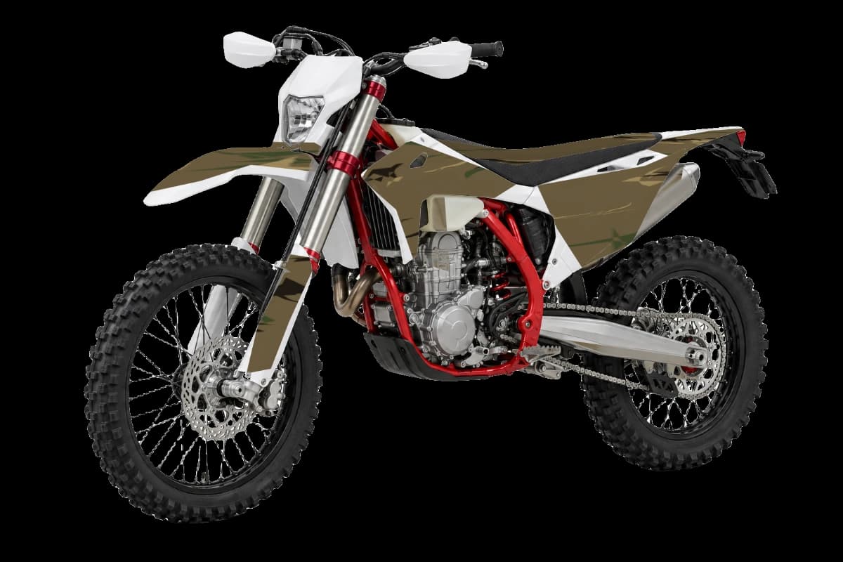Woodland camo style dirt bike graphics kit on a GasGas EC 450F