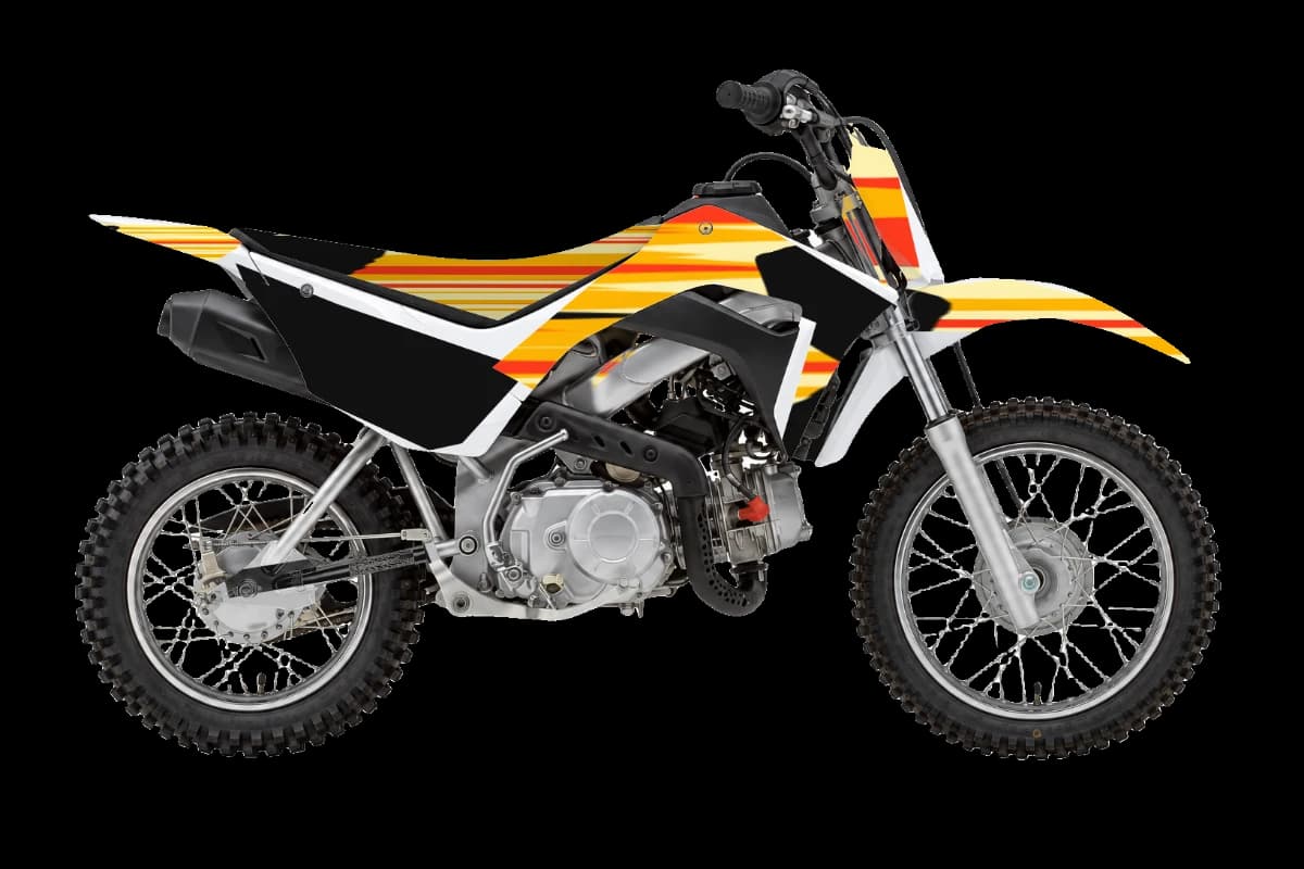 Flame style dirt bike graphics kit on a Honda CRF110F