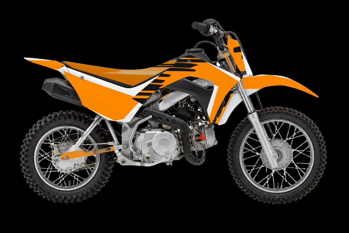 Tiger stripe style dirt bike graphics kit on a Honda CRF110F