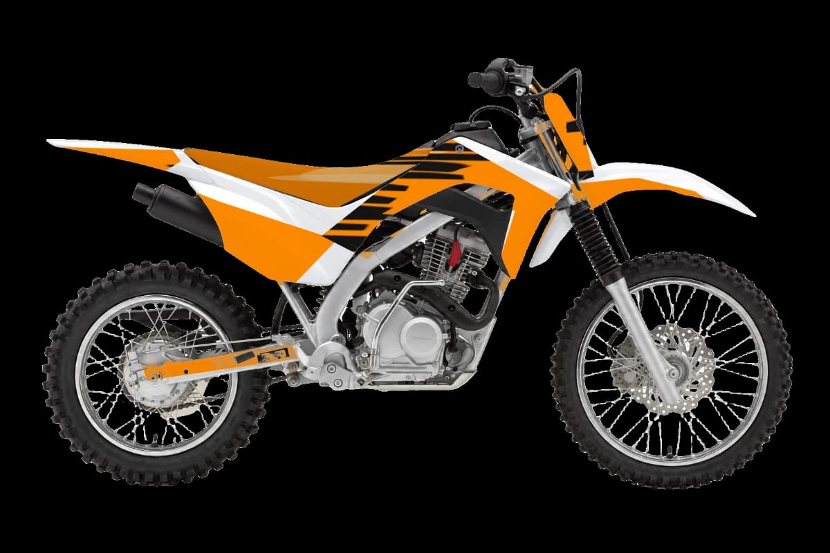 Tiger stripe style dirt bike graphics kit on a Honda CRF125F
