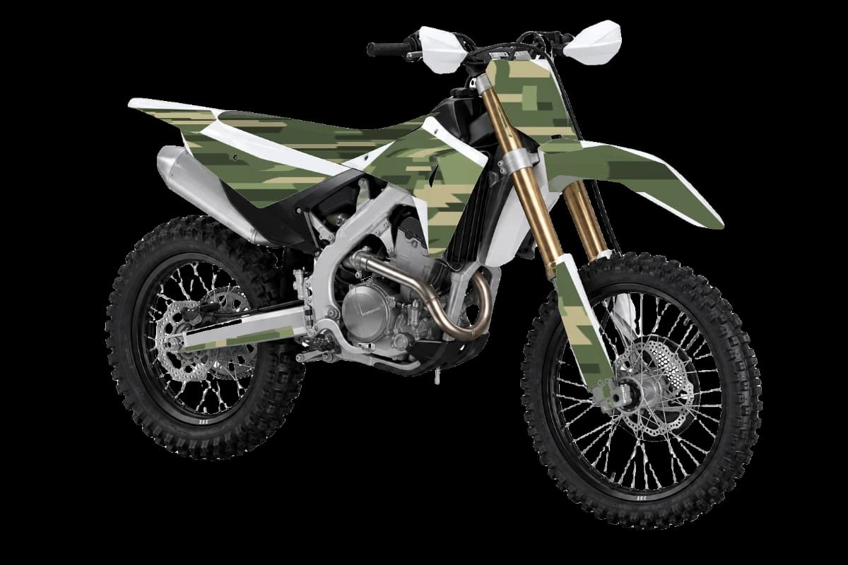 Digital camo style dirt bike graphics kit on a Honda CRF250RX