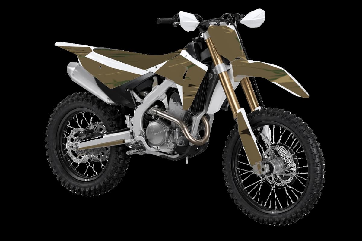 Woodland camo style dirt bike graphics kit on a Honda CRF250RX