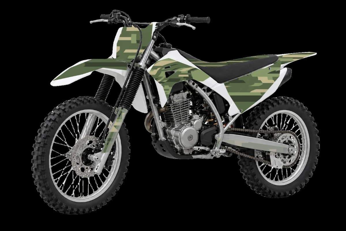 Digital camo style dirt bike graphics kit on a Honda CRF300F