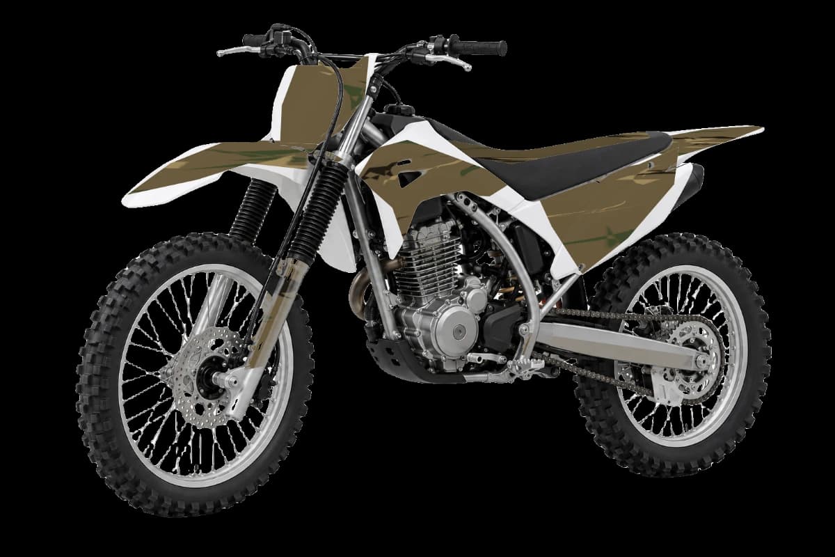 Woodland camo style dirt bike graphics kit on a Honda CRF300F