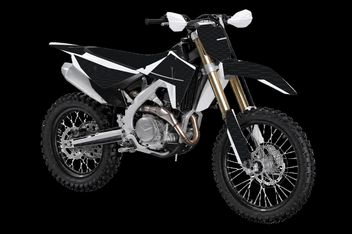 Carbon fiber style dirt bike graphics kit on a Honda CRF450RX