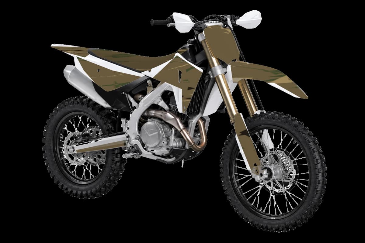 Woodland camo style dirt bike graphics kit on a Honda CRF450RX
