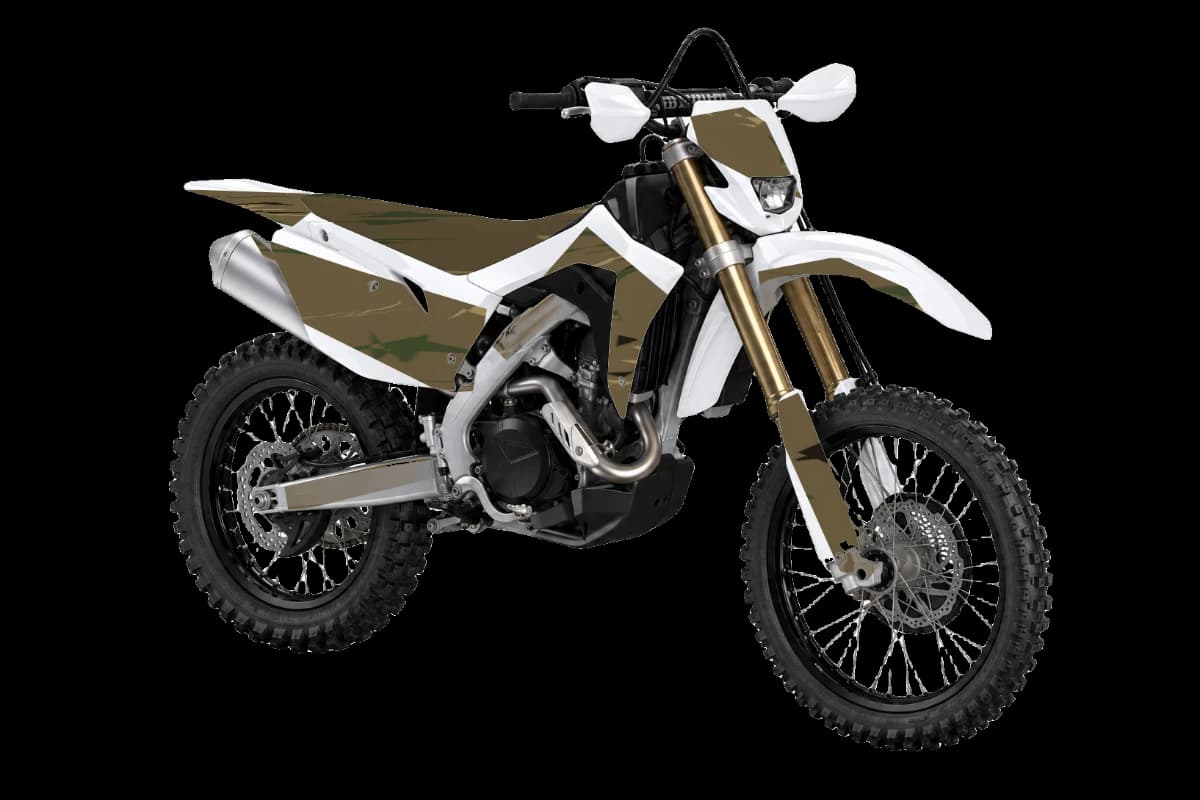 Woodland camo style dirt bike graphics kit on a Honda CRF450X