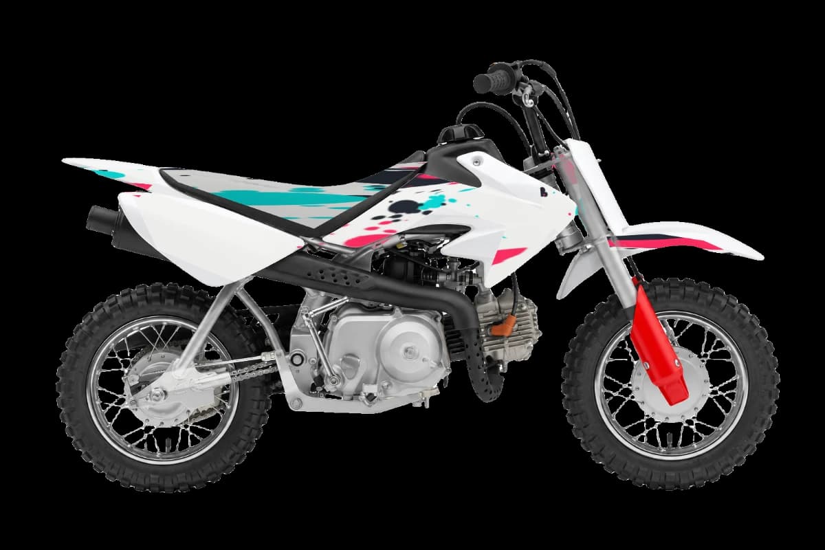 Paint splatter style dirt bike graphics kit on a Honda CRF50F