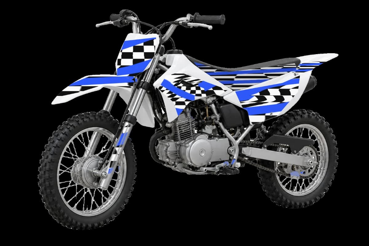 Checkered style dirt bike graphics kit on a Kawasaki KLX110R