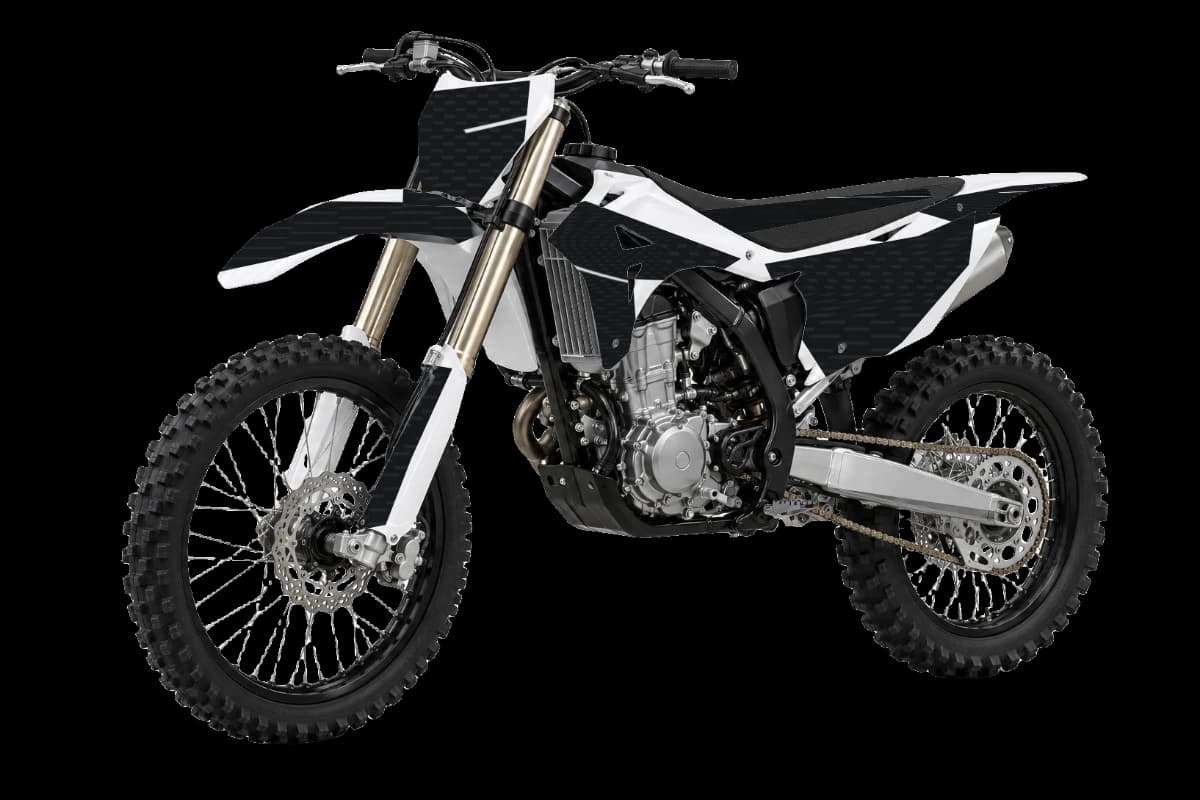 Carbon fiber style dirt bike graphics kit on a Kayo K5