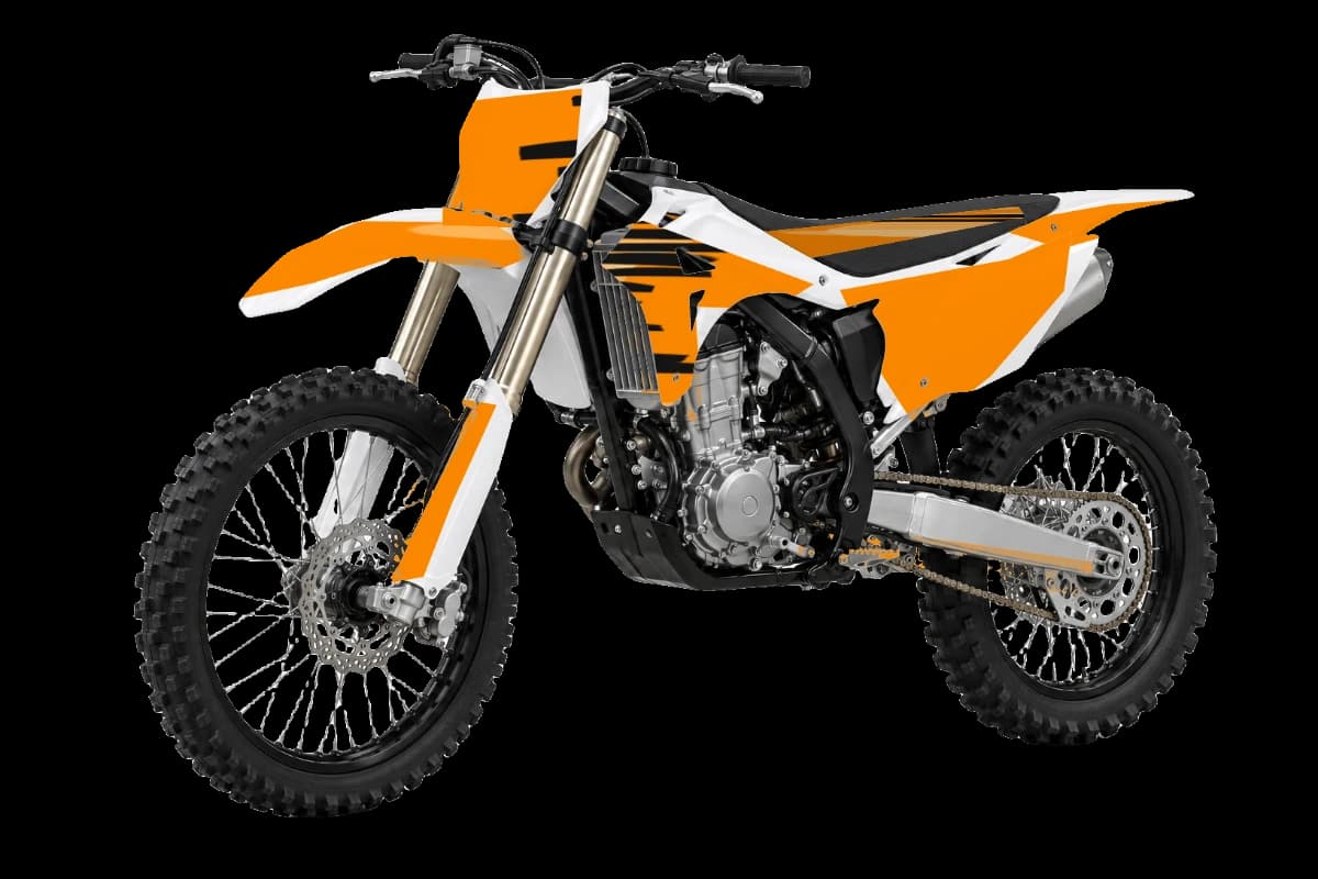 Tiger stripe style dirt bike graphics kit on a Kayo K5