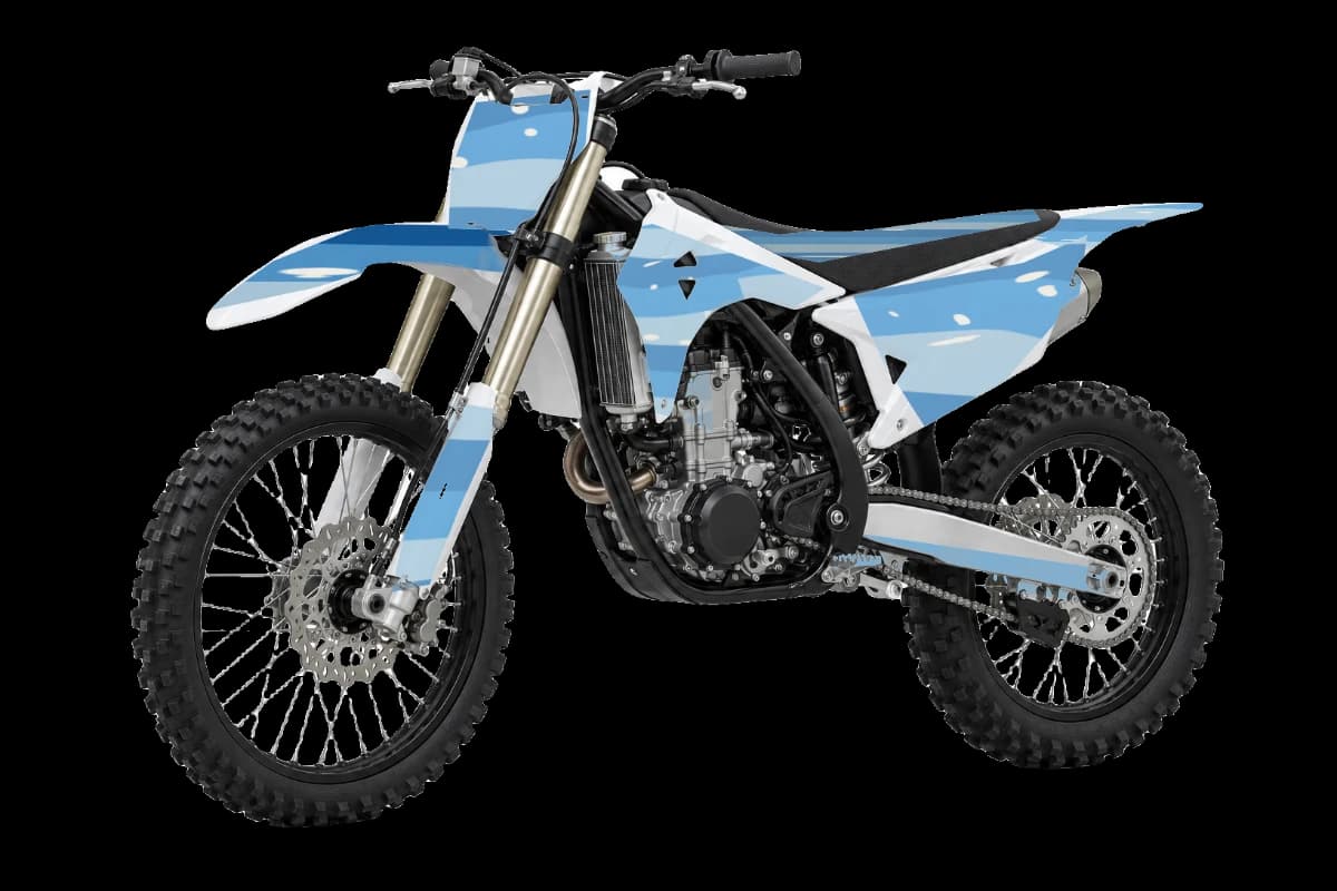 Wave style dirt bike graphics kit on a Kayo K6