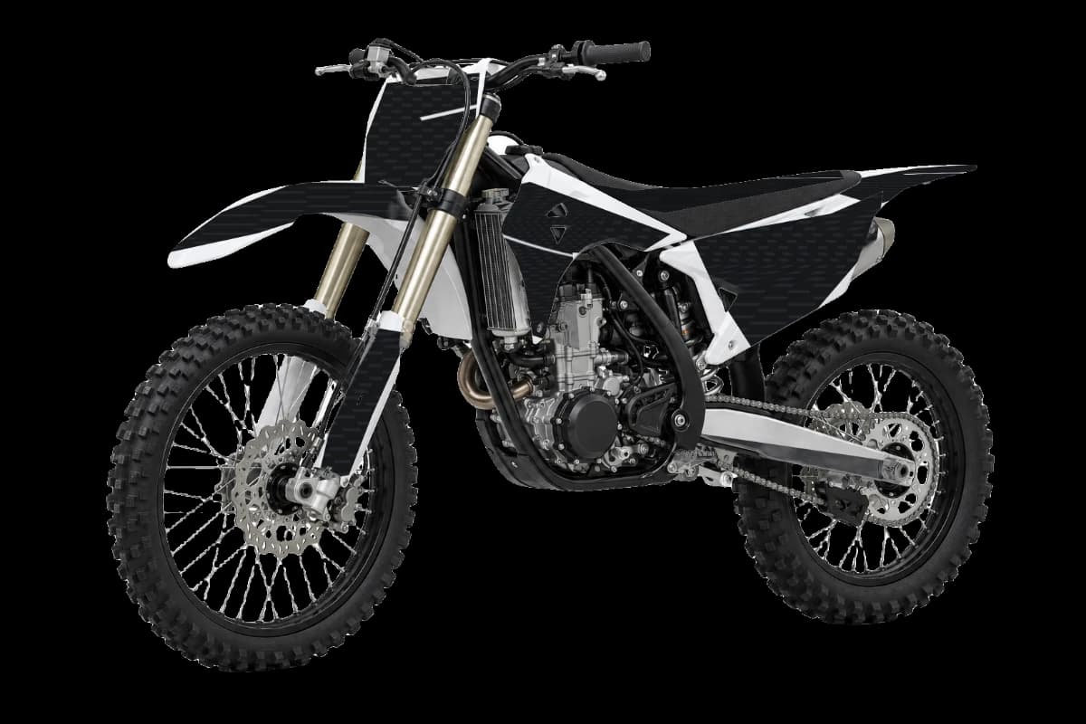 Carbon fiber style dirt bike graphics kit on a Kayo K6