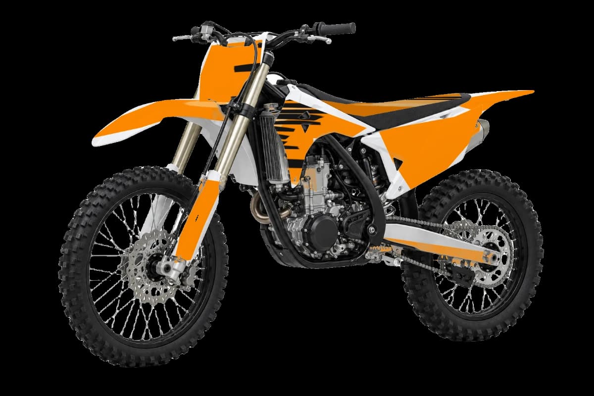Tiger stripe style dirt bike graphics kit on a Kayo K6