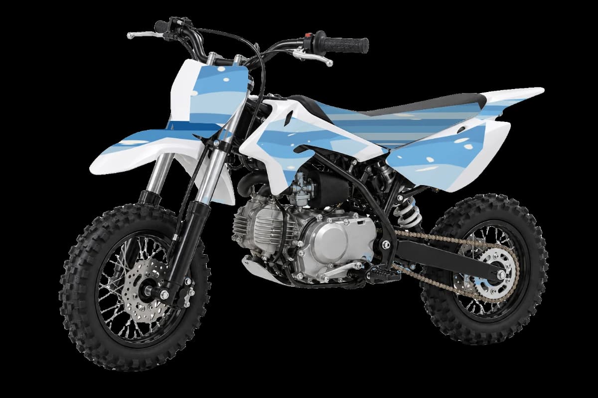 Wave style dirt bike graphics kit on a Kayo KMB