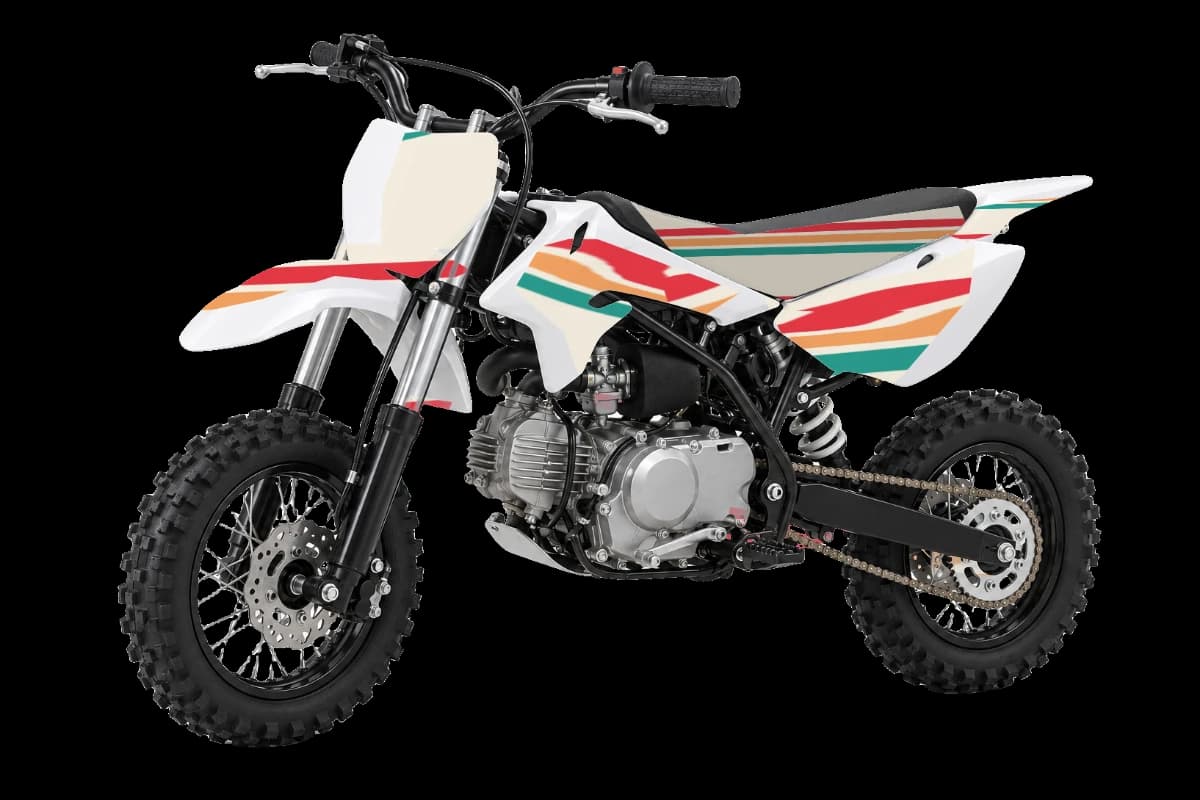 Retro style dirt bike graphics kit on a Kayo KMB