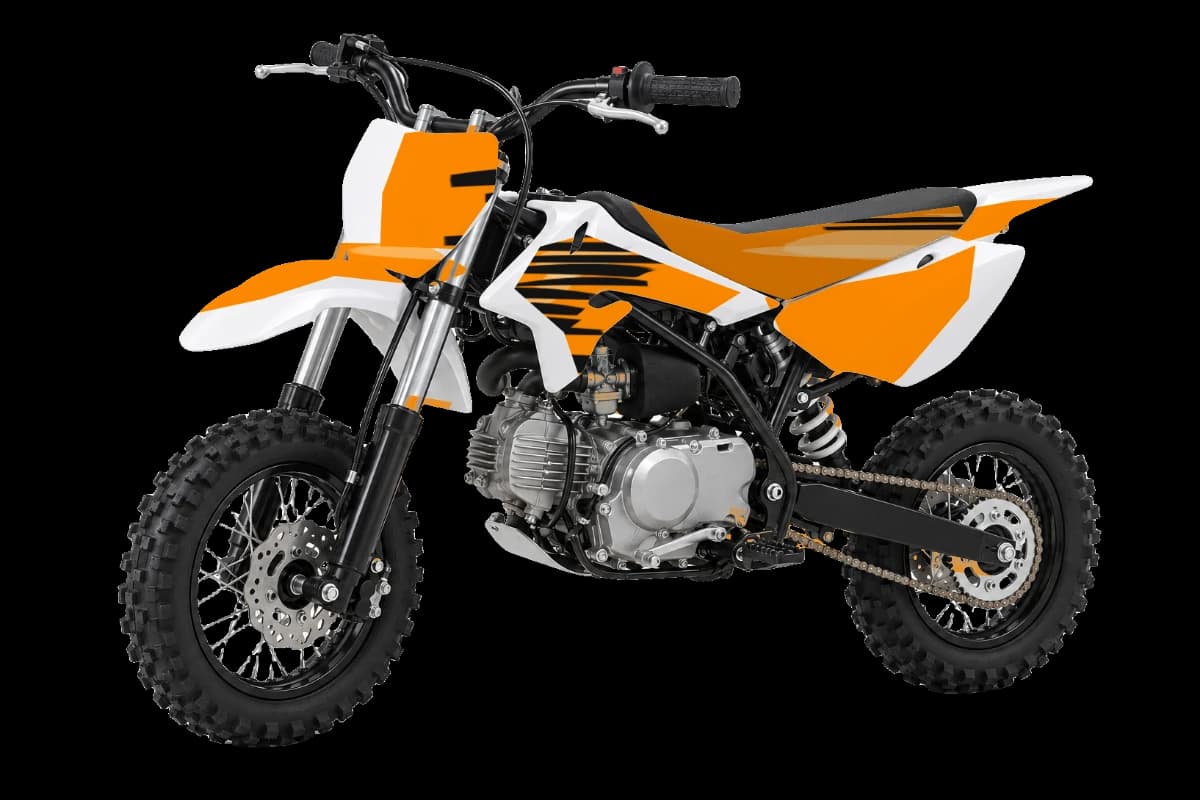 Tiger stripe style dirt bike graphics kit on a Kayo KMB
