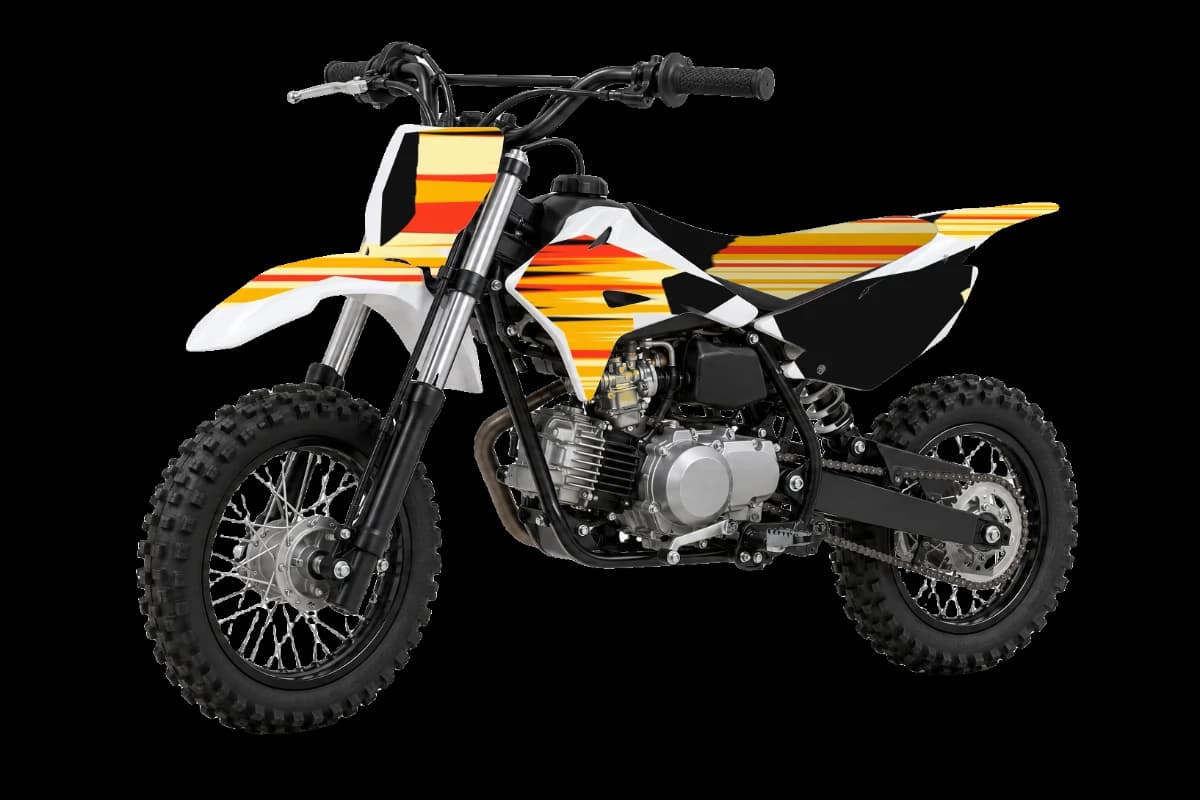 Flame style dirt bike graphics kit on a Kayo TS70