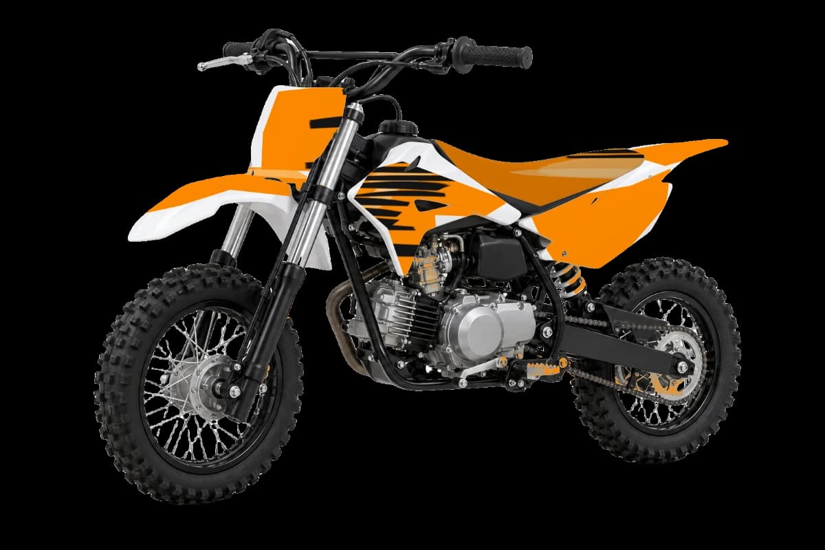 Tiger stripe style dirt bike graphics kit on a Kayo TS70